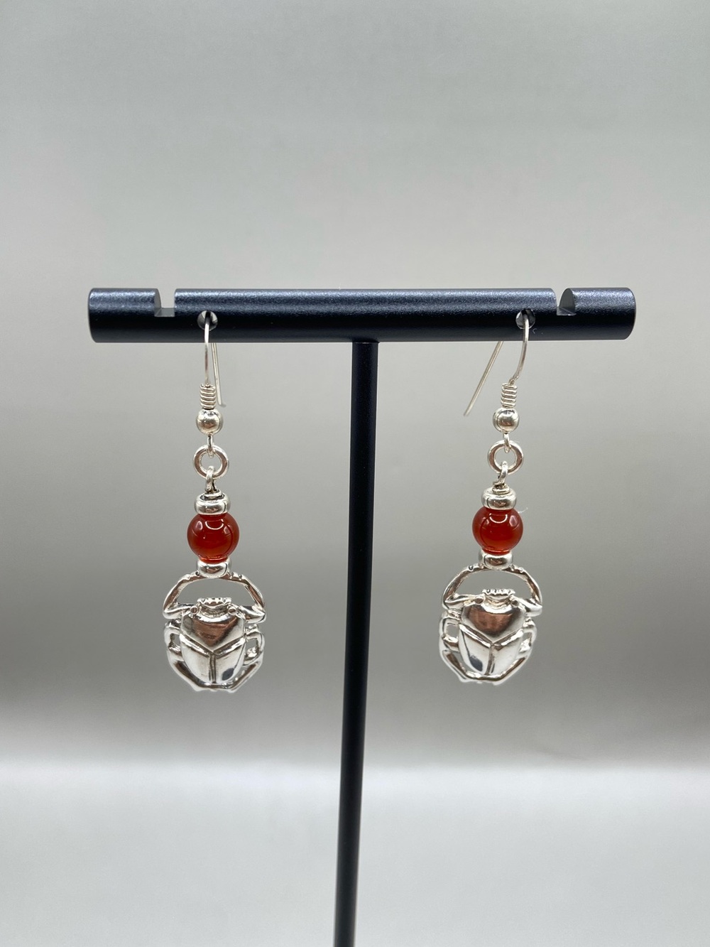 Vintage Sterling Silver Carnelian Scarab Beetle Dangle Earrings